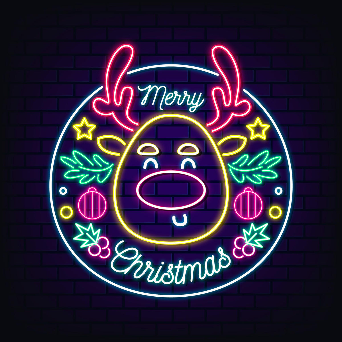 Neon Lights Marry Christmas with Deer Face Cut Design