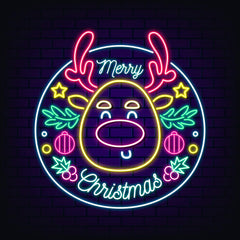 Neon Lights Marry Christmas with Deer Face Cut Design