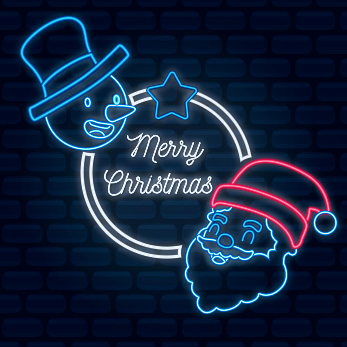 Neon Lights Santa and Snowman with Merry Christmas in Blue Color