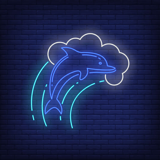 Neon Lights Jumping Dolphin with Waves