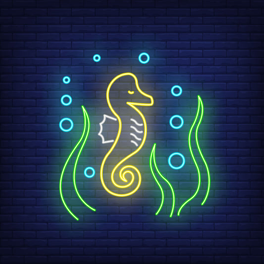 Neon Lights Sea Horse with Bubbles