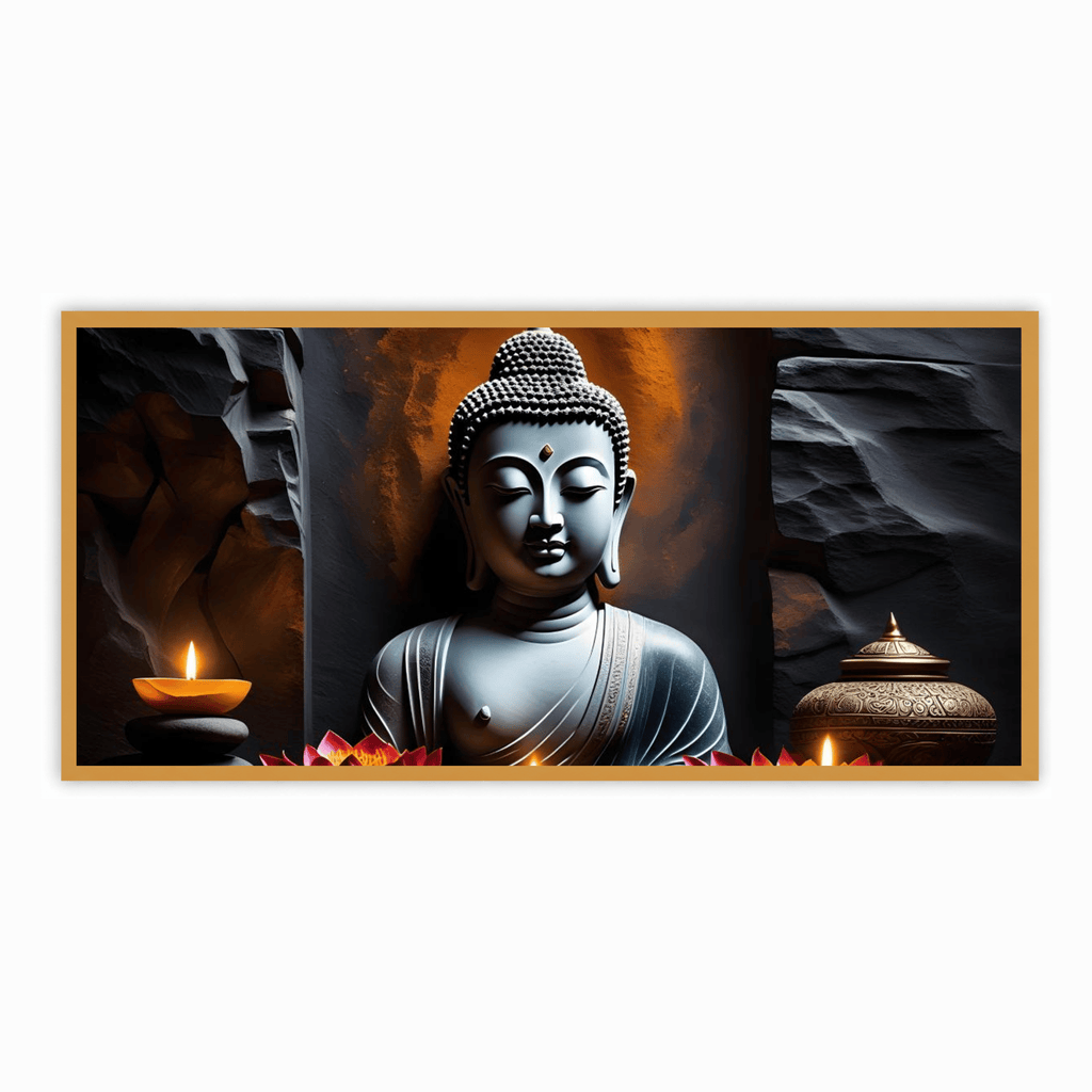 "Buddha Statue with Rock Wall Background - Serene Home Decor"