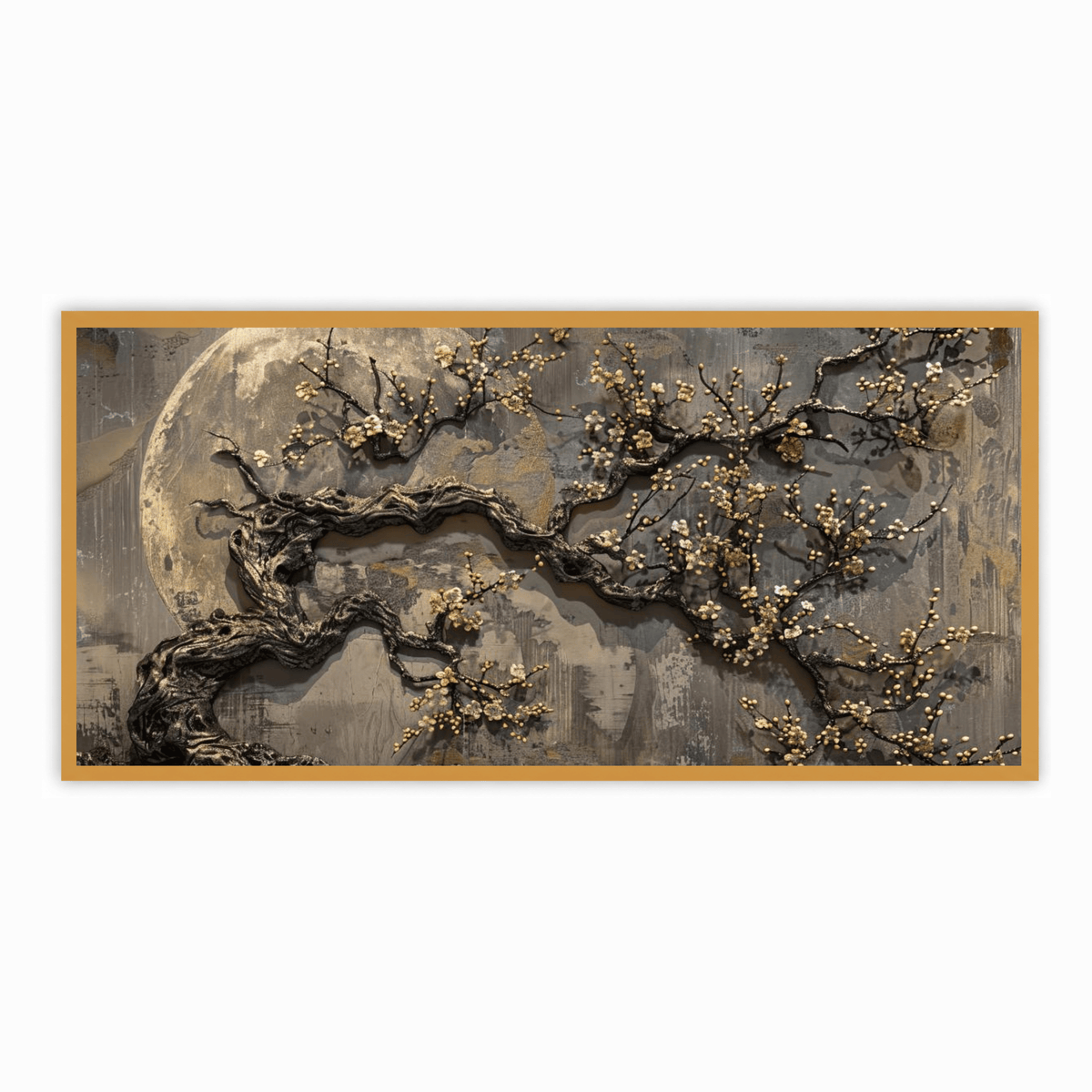 Ancient gold plum tree blossoms full moon, moon night with butterfly mural background: Wall Paintings by Creative Decor