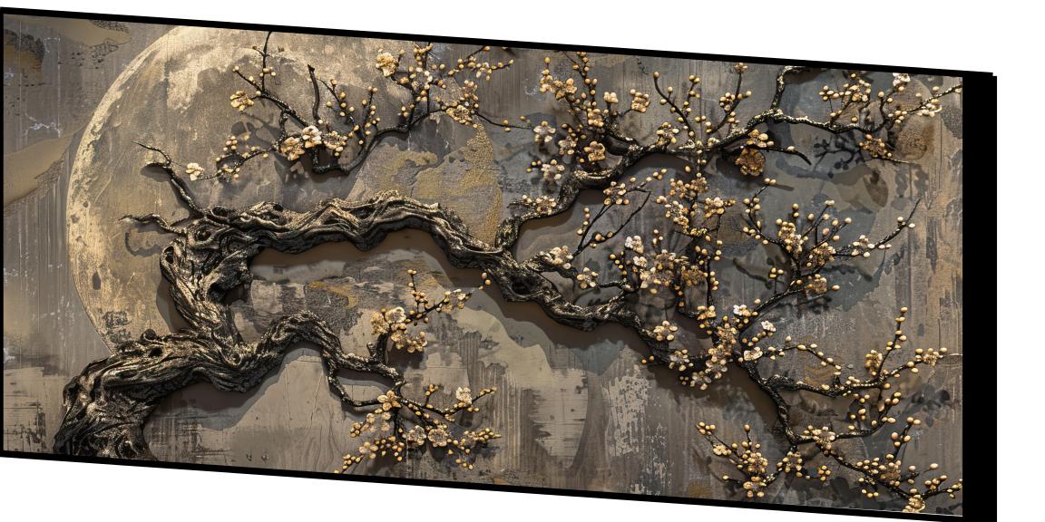 Ancient gold plum tree blossoms full moon, moon night with butterfly mural background: Wall Paintings by Creative Decor