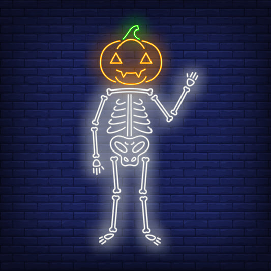 : Neon Light Skeleton Body with Pumpkin Head