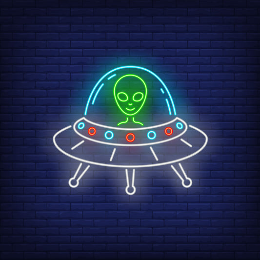 Neon Lights Green Alien in Spaceship