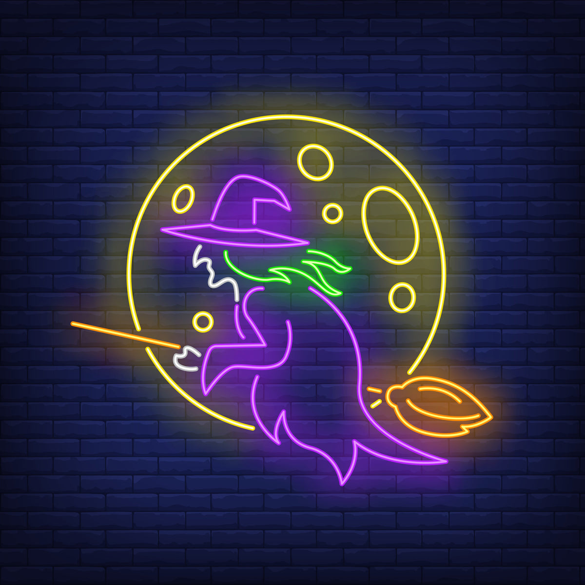 "Neon Light Witch on Broom - LED Wall Art for Spooky Decor"