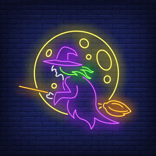 "Neon Light Witch on Broom - LED Wall Art for Spooky Decor"