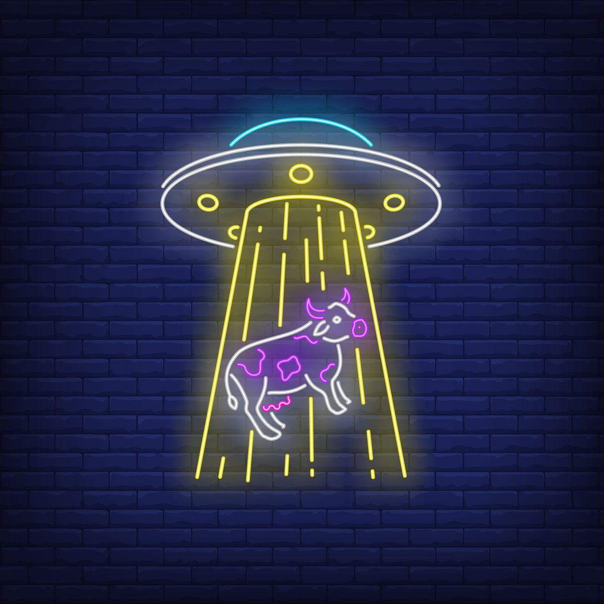 Neon Lights Cow Being Abducted by Spaceship Art