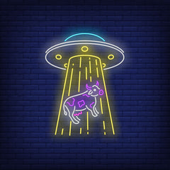 Neon Lights Cow Being Abducted by Spaceship Art