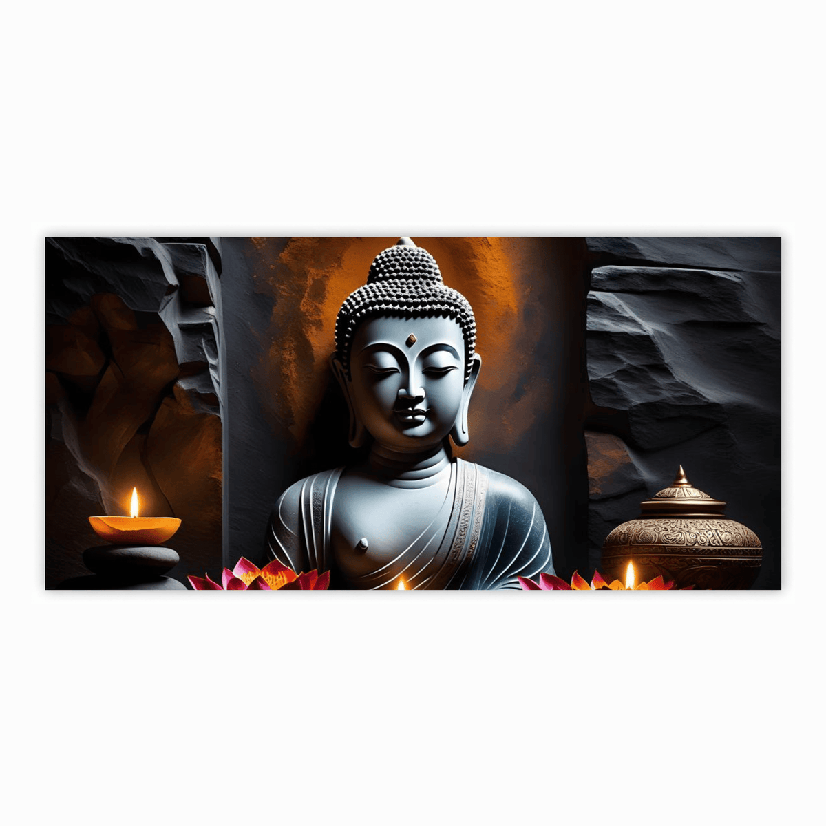 "Buddha Statue with Rock Wall Background - Serene Home Decor"