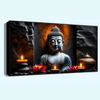 "Buddha Statue with Rock Wall Background - Serene Home Decor"