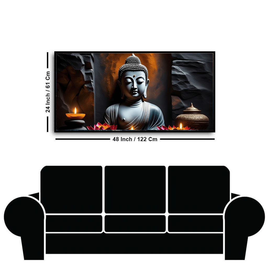 "Buddha Statue with Rock Wall Background - Serene Home Decor"