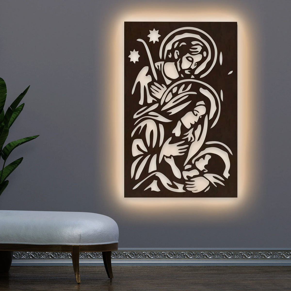 Baby Jesus Virgin Mary Joseph Holy Family Backlit Wooden Wall Hanging with LED Night Light Walnut Finish