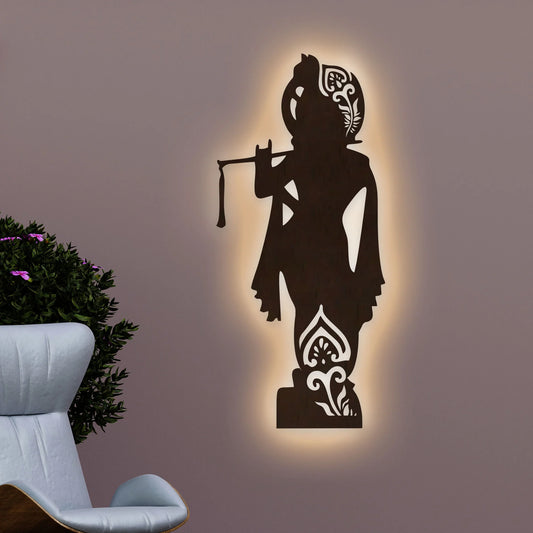 Lord Shree Krishna Backlit Wooden Wall Decor with LED Night Light Walnut Finish