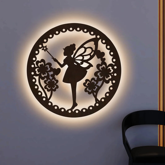 Fairy Butterfly Angel Backlit Wooden Wall Hanging with LED Night Light | Walnut Finish