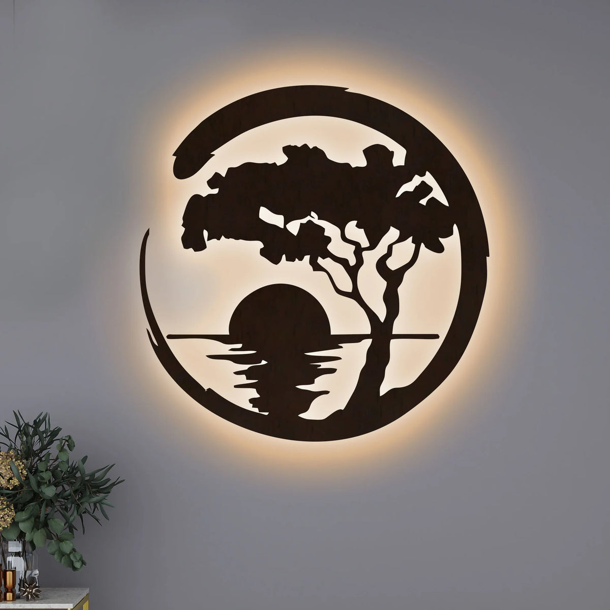 Beautiful Sunset Scenery Backlit Wooden Wall Decor with LED Night Light Walnut Finish