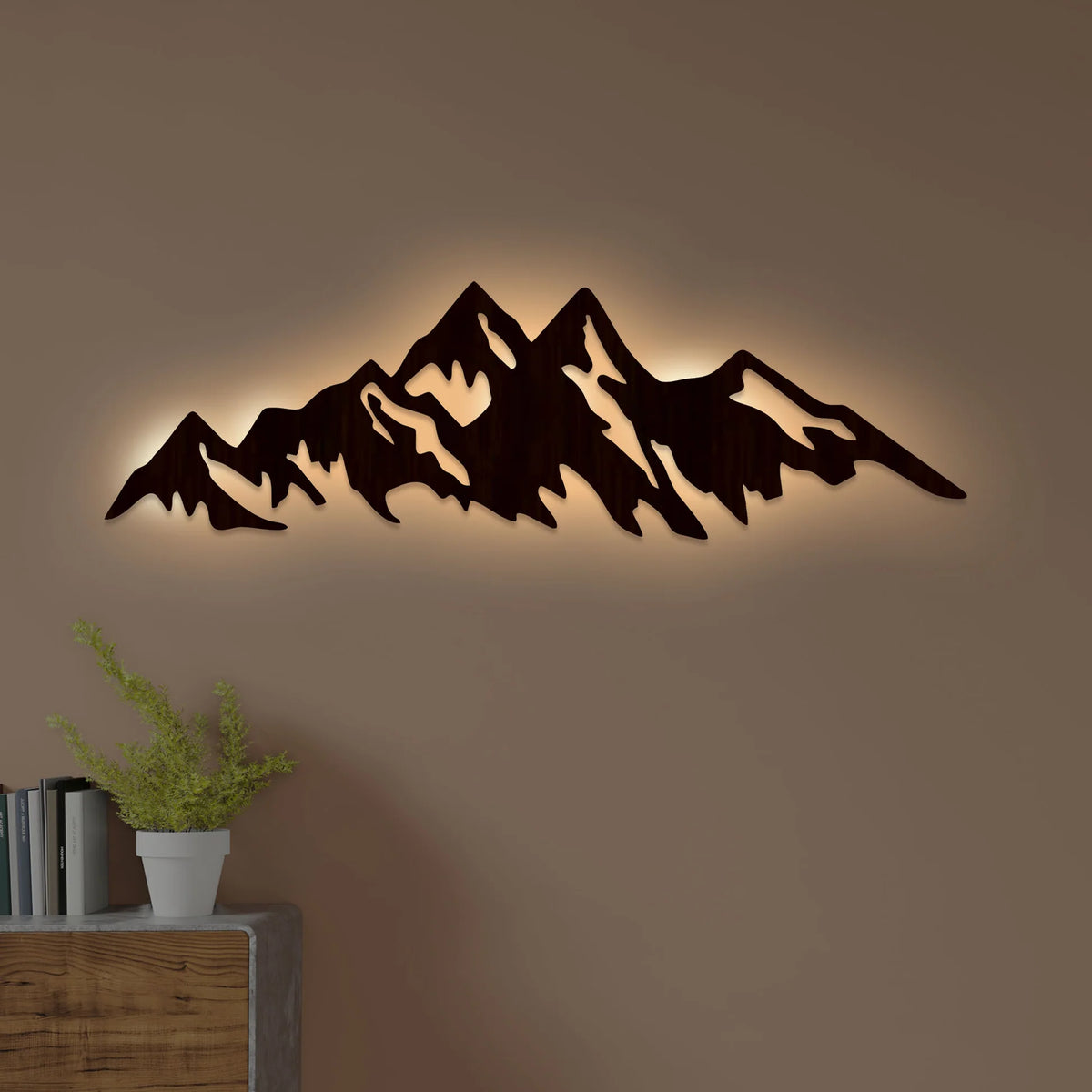 Himalayan Mountain Backlit Wooden Wall Art | LED Night Light in Walnut Finish