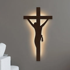 Jesus Crosses Backlit Wooden Wall Hanging with LED Night Light | Walnut Finish