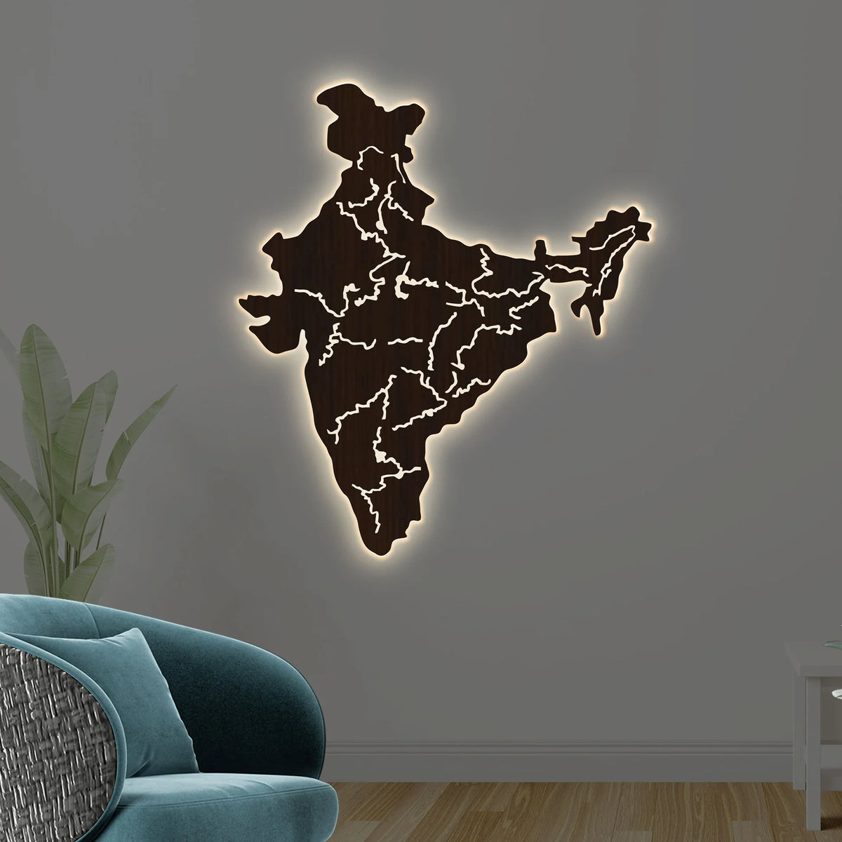 India Map Backlit Wooden Wall Decor | LED Night Light with Walnut Finish