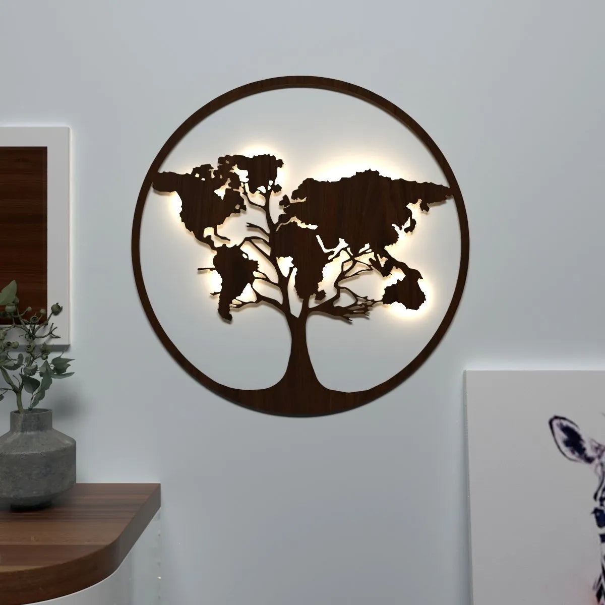 The World Map Tree Backlit Wall Art/ Night Light, Walnut Finish