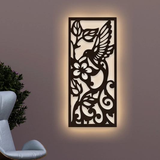 Beautiful Bird with Flower Backlit Wooden Wall Hanging with LED Night Light Walnut Finish