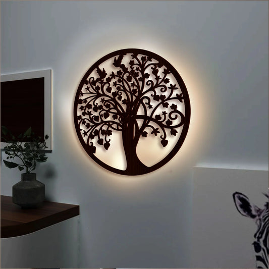 Elegant Round Tree of Life Wooden Decor with LED Night Light Walnut Finish