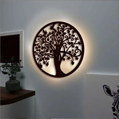 Elegant Round Tree of Life Wooden Decor with LED Night Light Walnut Finish