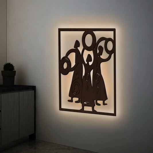 African Women Folk Dance Backlit Wooden Wall Decor with LED Night Light Walnut Finish