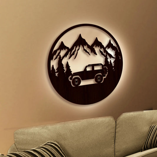 Mountain Forest Road Jeep Art Backlit Wooden Wall Hanging with LED Night Light Walnut Finish