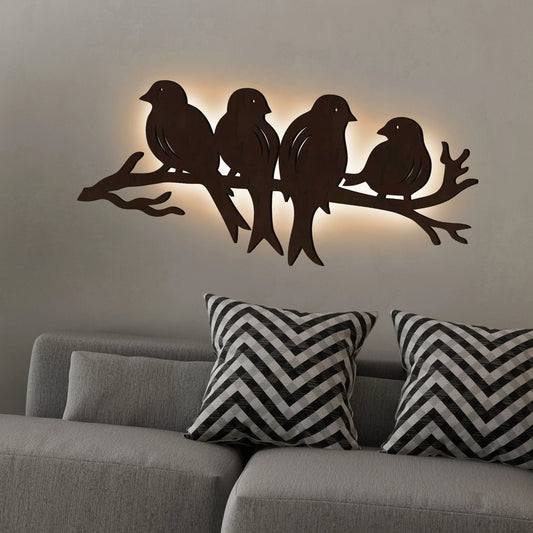 Birds on Branch Backlit Wooden Wall Hanging with Warm LED Glow