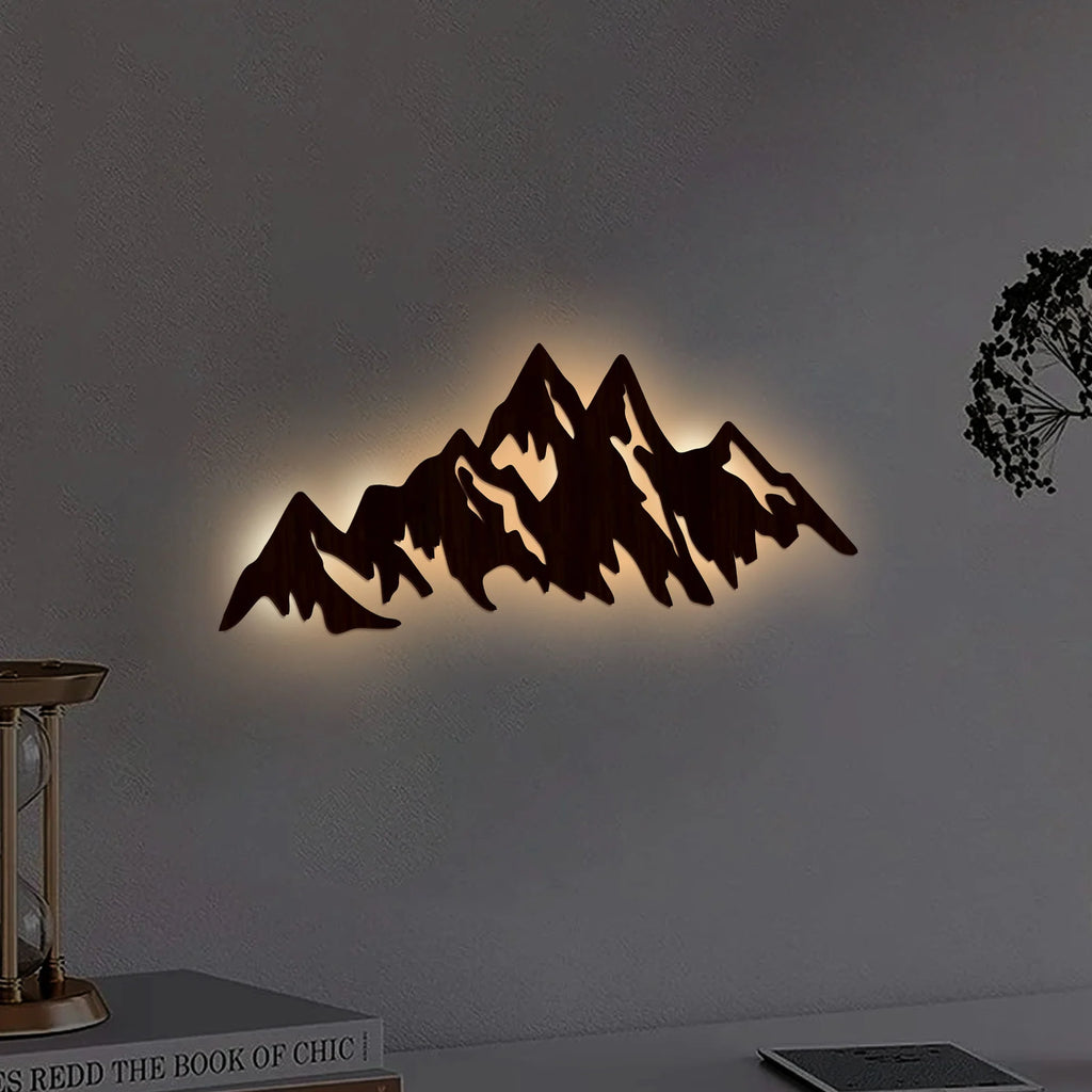 Himalayan Mountain Backlit Wooden Wall Art | LED Night Light in Walnut Finish