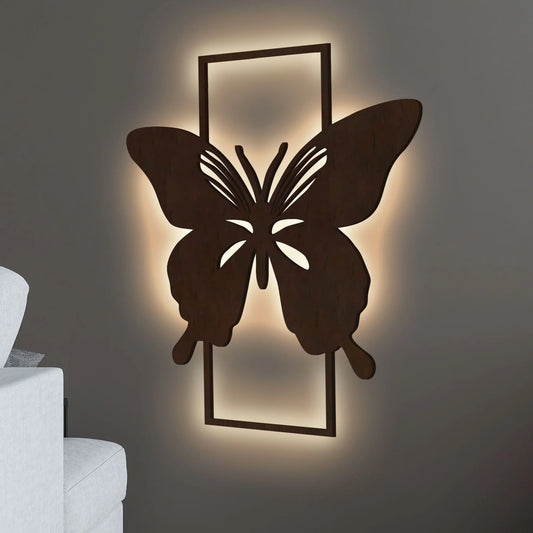 Modern Butterfly Art Backlit Wooden Wall Decor with LED Night Light Walnut Finish