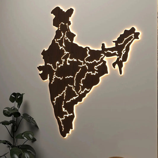 India Map Backlit Wooden Wall Decor | LED Night Light with Walnut Finish