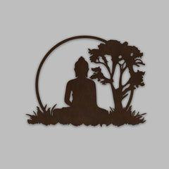 Spiritual God Buddha Art Backlit Wooden Wall Hanging with LED Night Light Walnut Finish