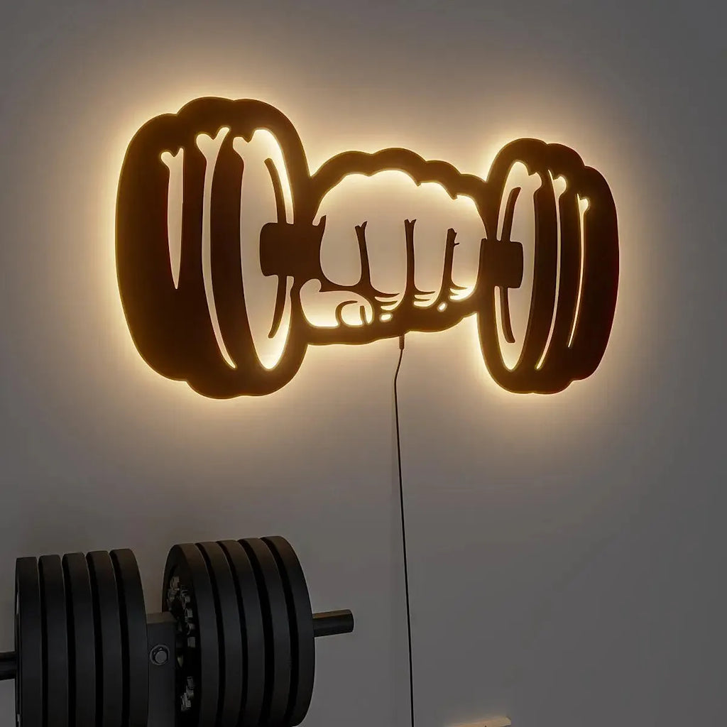 Dumble-Shaped Backlit Acrylic Wall Art for Gym | Unique Fitness Decor