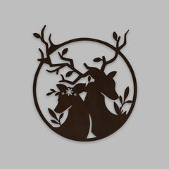 Loving Deer in Round Shaped Backlit Wooden Wall Decor with LED Night Light Walnut Finish