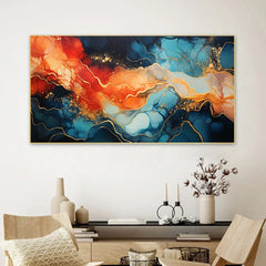 Creative Decor abstract-painting-blue-orange-swirl-with-gold Wall Painting for Living Room, Bedroom, Office.