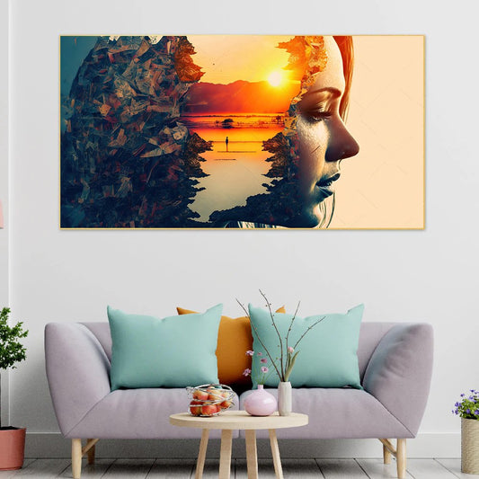 Creative Decor double-exposure-woman-portrait-with-orange-sunset-peaceful-mind Canvas Wall Painting for Living Room, Bedroom, Office.