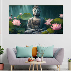 Creative Decor buddhist-meditates-tranquil-pond-surrounded-by-lotus Canvas Wall Painting for Living Room, Bedroom, Office.