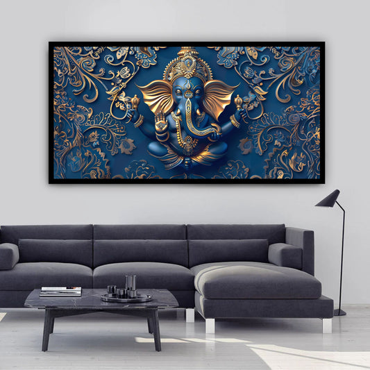 Ganesha Grace | Blue & Gold Designed Lord Ganesha Decor Painting Wall Art