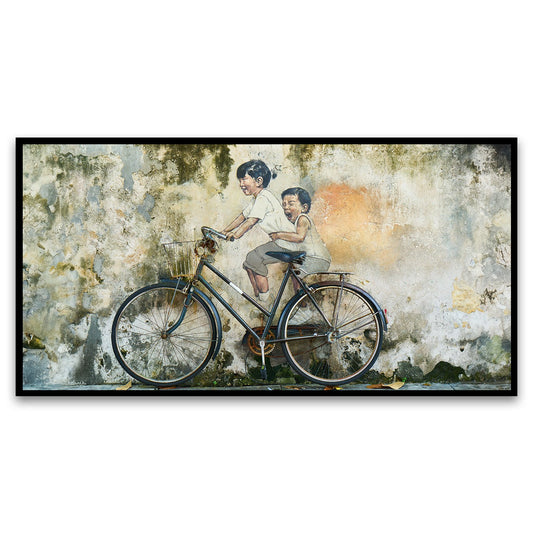 A Creative Canvas Wall Art of Graffiti Childrens Riding Bicycle for Vibrant Living Spaces | Playful Spirit