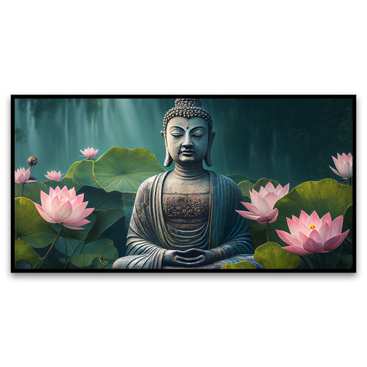 Creative Decor buddhist-meditates-tranquil-pond-surrounded-by-lotus Canvas Wall Painting for Living Room, Bedroom, Office.