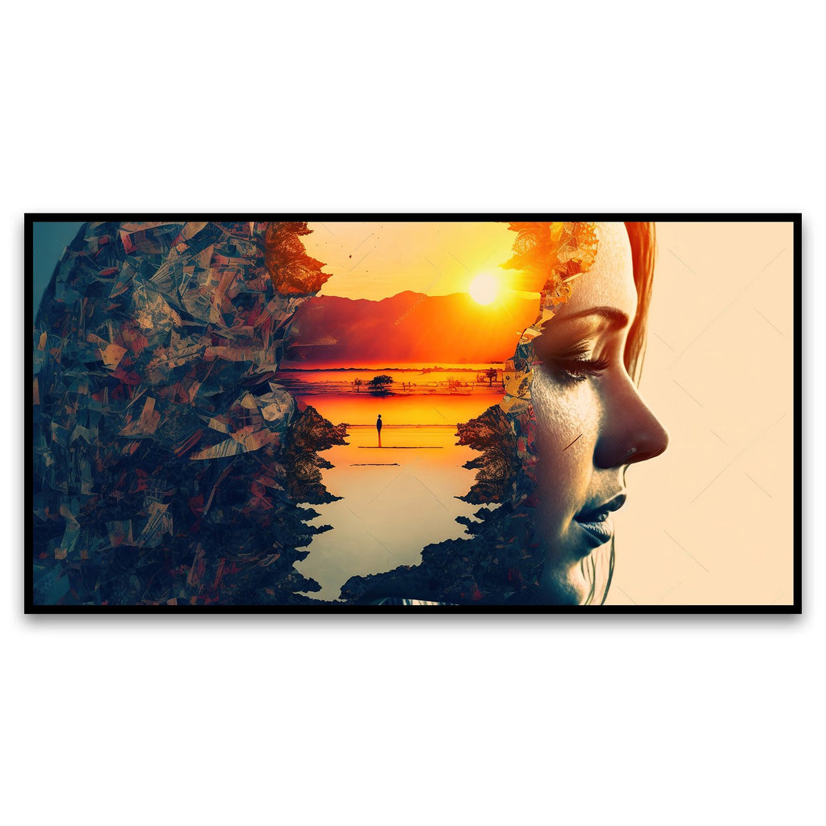 Creative Decor double-exposure-woman-portrait-with-orange-sunset-peaceful-mind Canvas Wall Painting for Living Room, Bedroom, Office.