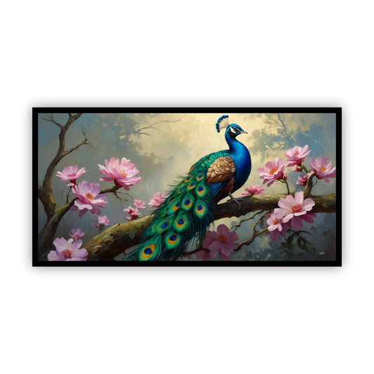 Elegant Peacock Painting with Pink Flowers | Perfect Wall Art for Meditation Spaces