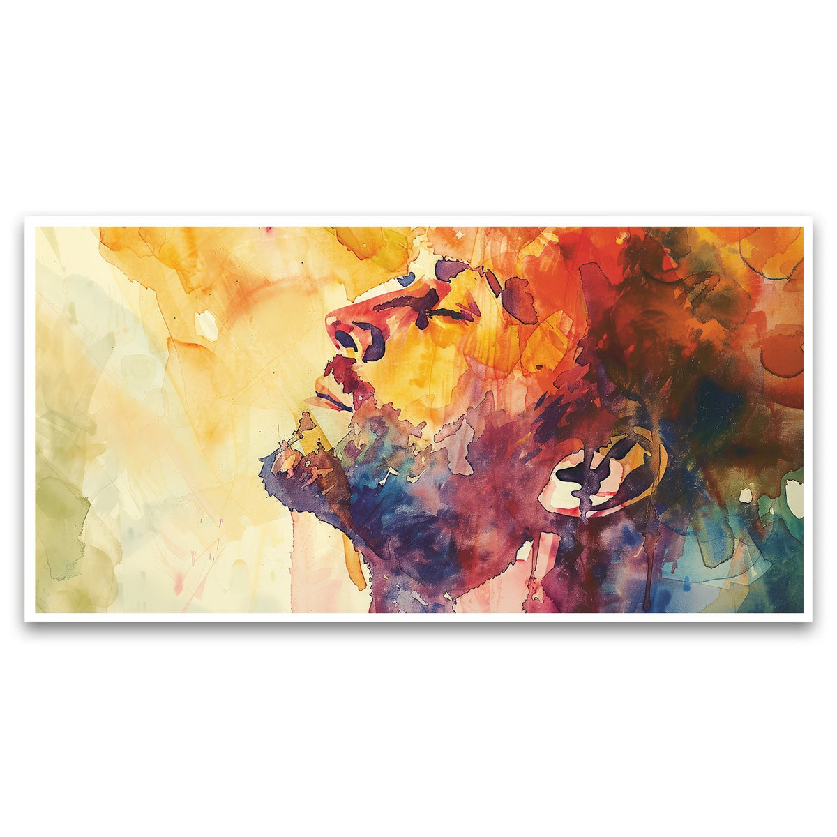 Vibrant Watercolor Canvas Wall Painting | Man with Eyes Closed, Reflecting Peace and Introspection in Colorful Abstract Style