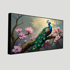 Elegant Peacock Painting with Pink Flowers | Perfect Wall Art for Meditation Spaces