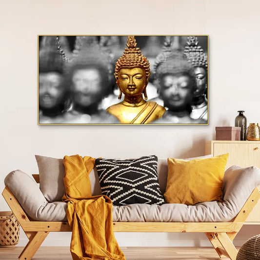 Golden Buddha Statues Spiritual Floating Framed Canvas Wall Painting for Tranquil Home Decor