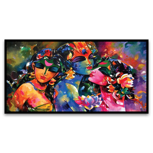 Radha Krishna Gopis Floating Framed Canvas Wall Painting