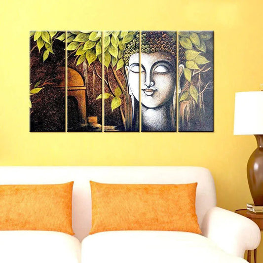 Meditating Peaceful Buddha Wooden Framed 5 Pieces Panel Spiritual Canvas Wall Painting  for Living Room, Bedroom, Office Wall Decoration (24" x 8" Each Panel)